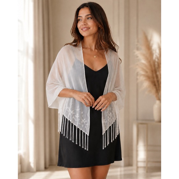 Deb Accessories - Deb White Sheer Beaded Sequin Fringe Triangle Shawl Scarf Bridal Boho NWT OS